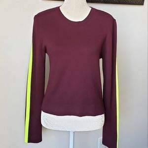 Zara Knit Plum Purple Cropped Sweater Neon  Yellow Stripe Sleeves Size Large